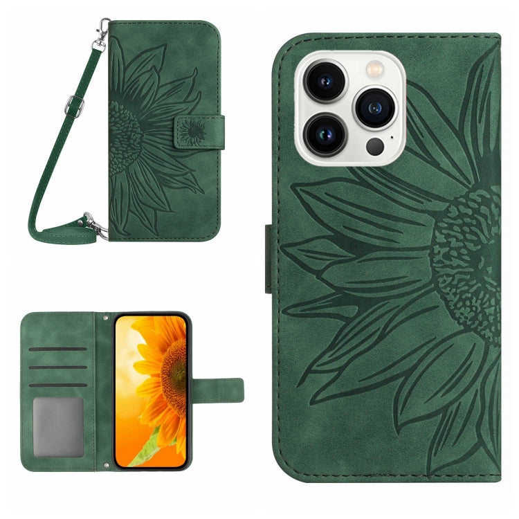 For iPhone 16 Pro Max Skin Feel Sun Flower Embossed Flip Leather Phone Case with Lanyard(Green) by buy2fix