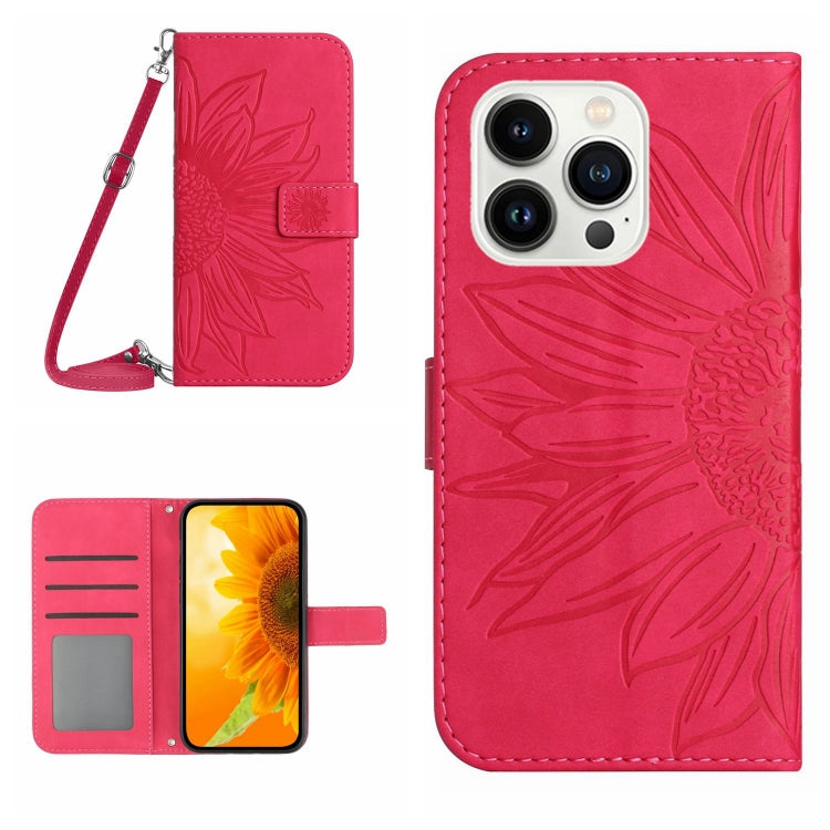 For iPhone 16 Pro Max Skin Feel Sun Flower Embossed Flip Leather Phone Case with Lanyard(Rose Red) by buy2fix