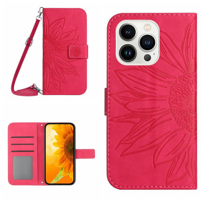 For iPhone 16 Pro Max Skin Feel Sun Flower Embossed Flip Leather Phone Case with Lanyard(Rose Red) by buy2fix