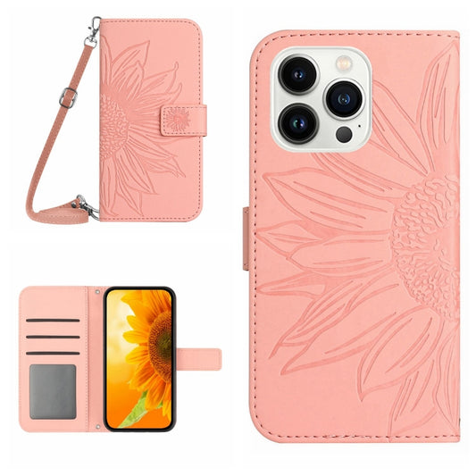 For iPhone 16 Pro Skin Feel Sun Flower Embossed Flip Leather Phone Case with Lanyard(Pink) by buy2fix