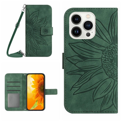 For iPhone 16 Pro Skin Feel Sun Flower Embossed Flip Leather Phone Case with Lanyard(Green) by buy2fix