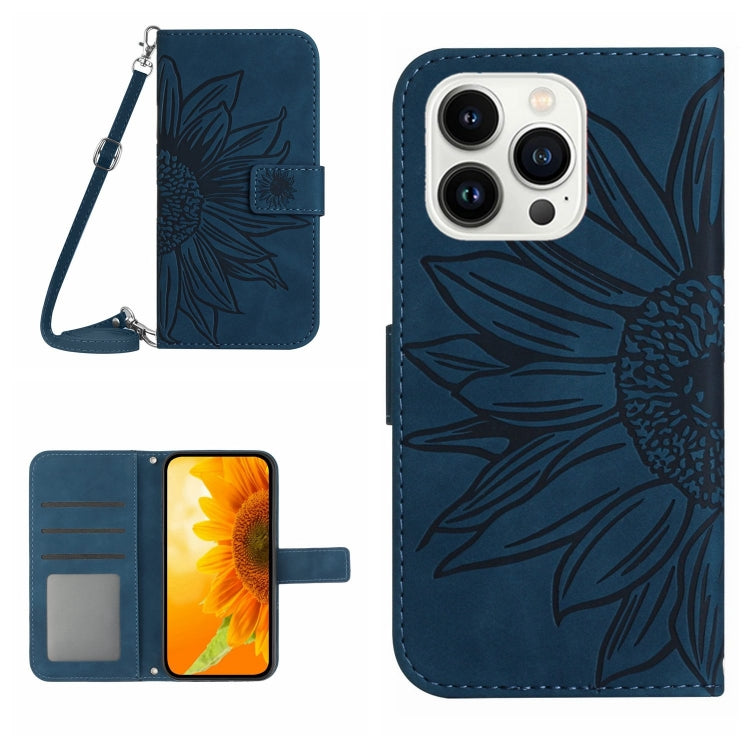 For iPhone 16 Pro Skin Feel Sun Flower Embossed Flip Leather Phone Case with Lanyard(Inky Blue) by buy2fix