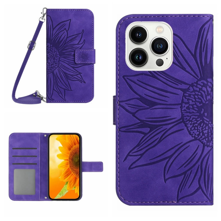 For iPhone 16 Pro Skin Feel Sun Flower Embossed Flip Leather Phone Case with Lanyard(Dark Purple) by buy2fix