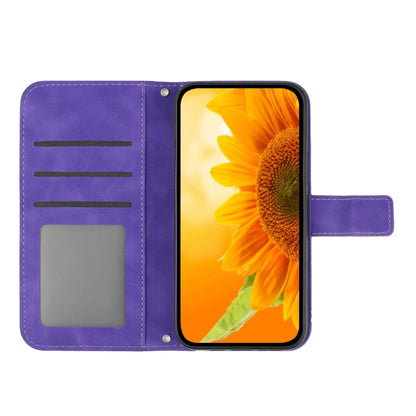 For iPhone 16 Pro Skin Feel Sun Flower Embossed Flip Leather Phone Case with Lanyard(Dark Purple) by buy2fix