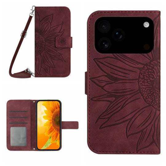 For iPhone 18 Pro / 17 Pro Skin Feel Sun Flower Embossed Flip Leather Phone Case with Lanyard(Wine Red)