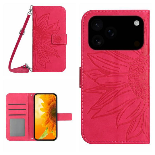 For iPhone 18 Pro / 17 Pro Skin Feel Sun Flower Embossed Flip Leather Phone Case with Lanyard(Rose Red)