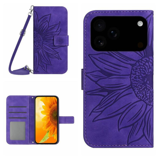 For iPhone 18 Pro / 17 Pro Skin Feel Sun Flower Embossed Flip Leather Phone Case with Lanyard(Dark Purple)