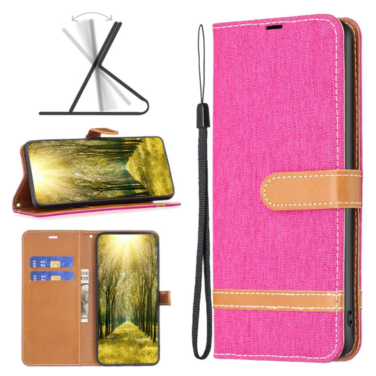 For Xiaomi Redmi 12 4G Color Block Denim Texture Leather Phone Case(Rose Red)
