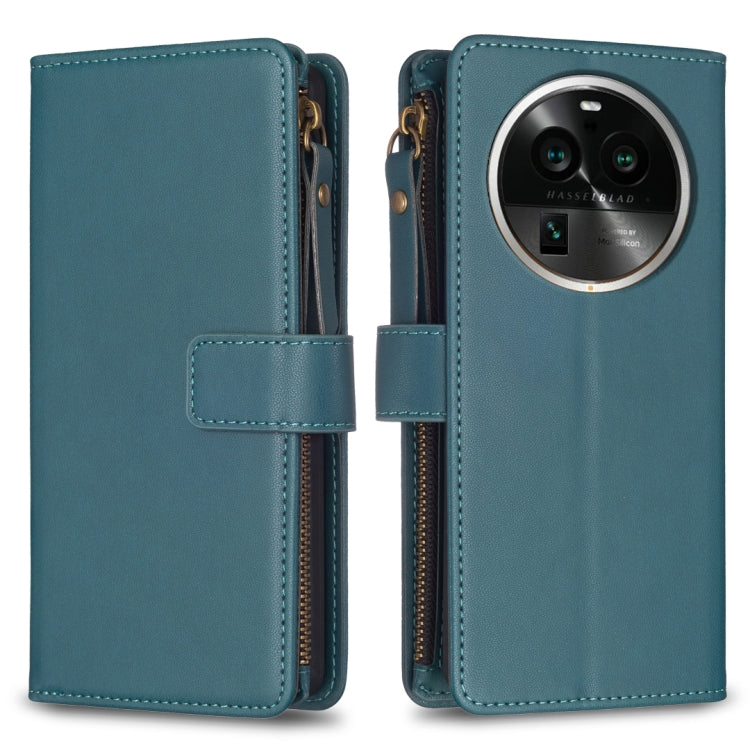 For OPPO Find X6 Pro 9 Card Slots Zipper Wallet Leather Flip Phone Case(Green) by buy2fix