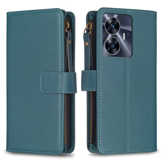 For Realme C55 9 Card Slots Zipper Wallet Leather Flip Phone Case(Green) - Realme Cases by buy2fix | Online Shopping UK | buy2fix