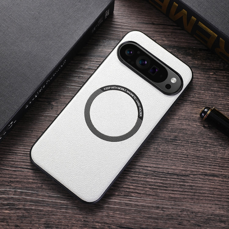 For Google Pixel 9 Magsafe Magnetic Ring Leather Texture Phone Case(White) by buy2fix