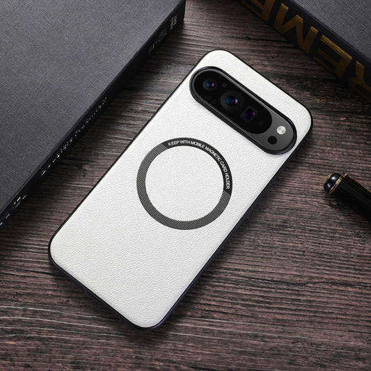 For Google Pixel 9 Magsafe Magnetic Ring Leather Texture Phone Case(White) by buy2fix