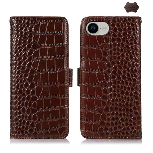 For iPhone 16e Crocodile Top Layer Cowhide Leather Phone Case(Brown) - iPhone 16e Cases by buy2fix | Online Shopping UK | buy2fix
