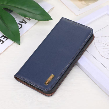 For iPhone 16e KHAZNEH Nappa Top Layer Cowhide Leather Phone Case(Blue) - iPhone 16e Cases by buy2fix | Online Shopping UK | buy2fix