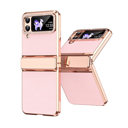 For Samsung Galaxy Z Flip4 5G Plated Plain Leather Folding Phone Case with Hinge(Pink) - Galaxy Z Flip4 5G Cases by buy2fix | Online Shopping UK | buy2fix