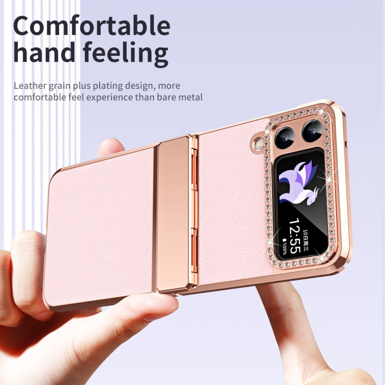 For Samsung Galaxy Z Flip4 5G Plated Plain Leather Folding Phone Case with Hinge(Pink) - Galaxy Z Flip4 5G Cases by buy2fix | Online Shopping UK | buy2fix
