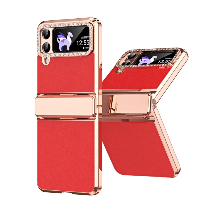 For Samsung Galaxy Z Flip4 5G Plated Plain Leather Folding Phone Case with Hinge(Red) - Galaxy Z Flip4 5G Cases by buy2fix | Online Shopping UK | buy2fix
