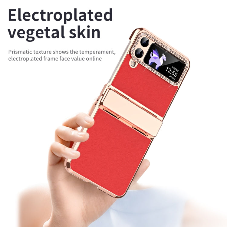 For Samsung Galaxy Z Flip4 5G Plated Plain Leather Folding Phone Case with Hinge(Red) - Galaxy Z Flip4 5G Cases by buy2fix | Online Shopping UK | buy2fix