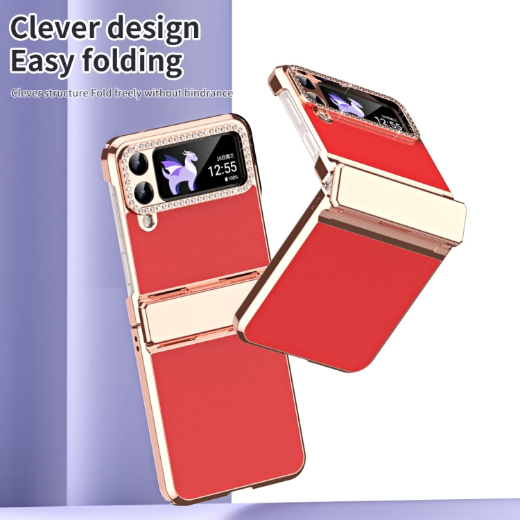 For Samsung Galaxy Z Flip4 5G Plated Plain Leather Folding Phone Case with Hinge(Red) - Galaxy Z Flip4 5G Cases by buy2fix | Online Shopping UK | buy2fix