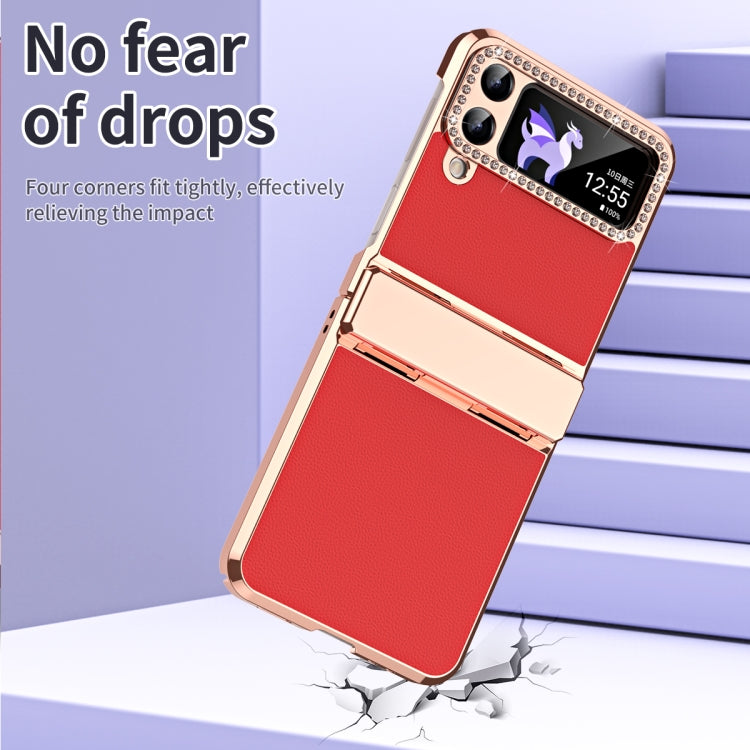 For Samsung Galaxy Z Flip4 5G Plated Plain Leather Folding Phone Case with Hinge(Red) - Galaxy Z Flip4 5G Cases by buy2fix | Online Shopping UK | buy2fix