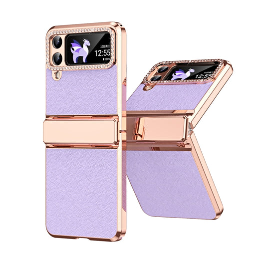 For Samsung Galaxy Z Flip4 5G Plated Plain Leather Folding Phone Case with Hinge(Purple) - Galaxy Z Flip4 5G Cases by buy2fix | Online Shopping UK | buy2fix