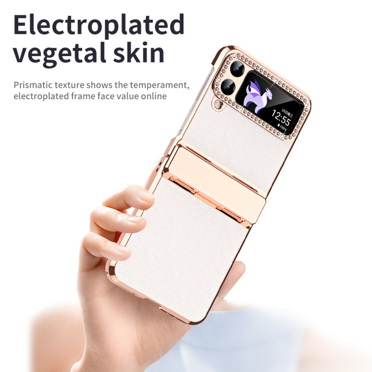 For Samsung Galaxy Z Flip3 5G Plated Plain Leather Folding Phone Case with Hinge(White) - Galaxy Phone Cases by buy2fix | Online Shopping UK | buy2fix