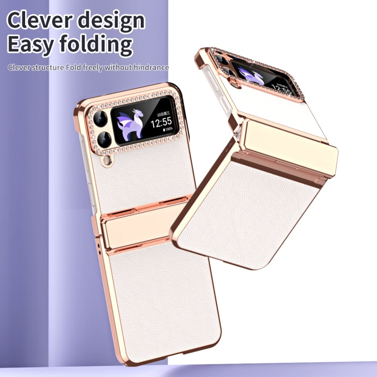 For Samsung Galaxy Z Flip3 5G Plated Plain Leather Folding Phone Case with Hinge(White) - Galaxy Phone Cases by buy2fix | Online Shopping UK | buy2fix