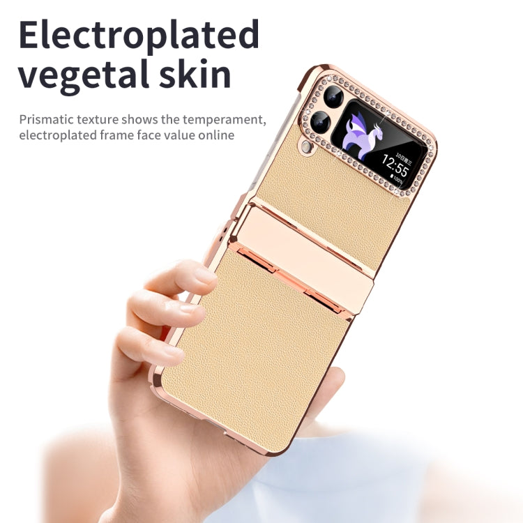 For Samsung Galaxy Z Flip3 5G Plated Plain Leather Folding Phone Case with Hinge(Gold) - Galaxy Phone Cases by buy2fix | Online Shopping UK | buy2fix