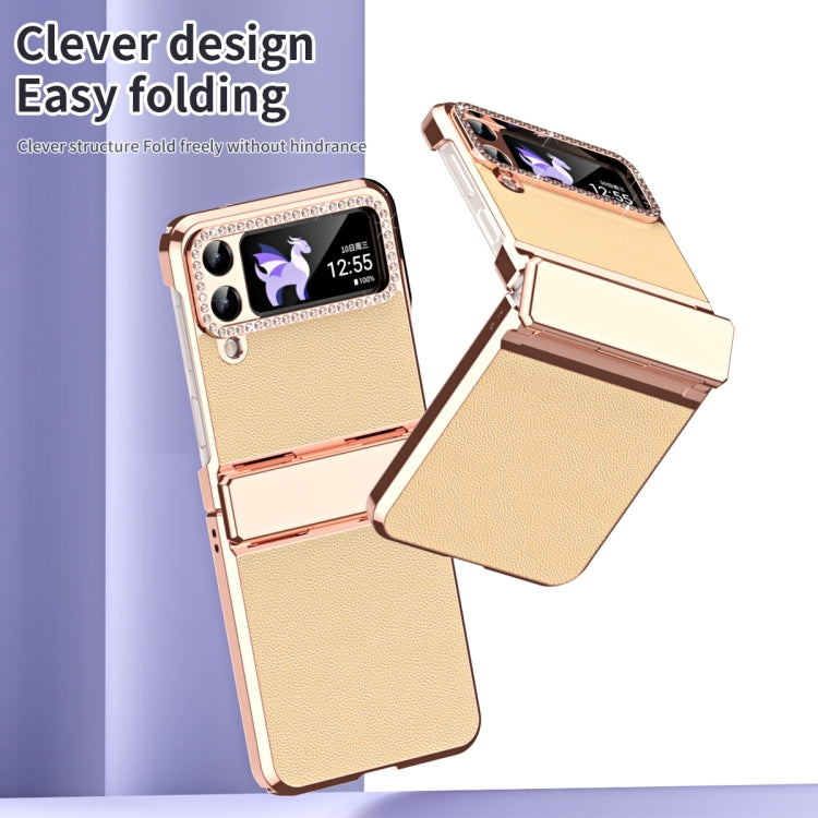 For Samsung Galaxy Z Flip3 5G Plated Plain Leather Folding Phone Case with Hinge(Gold) - Galaxy Phone Cases by buy2fix | Online Shopping UK | buy2fix