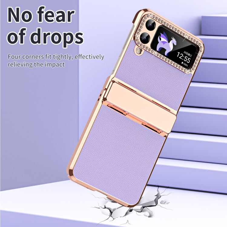 For Samsung Galaxy Z Flip3 5G Plated Plain Leather Folding Phone Case with Hinge(Purple) - Galaxy Phone Cases by buy2fix | Online Shopping UK | buy2fix