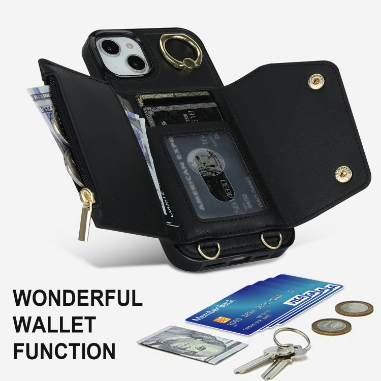 For iPhone 14 Plus Zipper Card Bag Phone Case with Dual Lanyard(Black) - iPhone 14 Plus Cases by buy2fix | Online Shopping UK | buy2fix