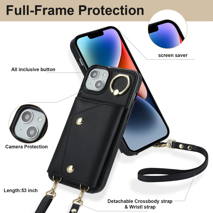 For iPhone 14 Plus Zipper Card Bag Phone Case with Dual Lanyard(Black) - iPhone 14 Plus Cases by buy2fix | Online Shopping UK | buy2fix