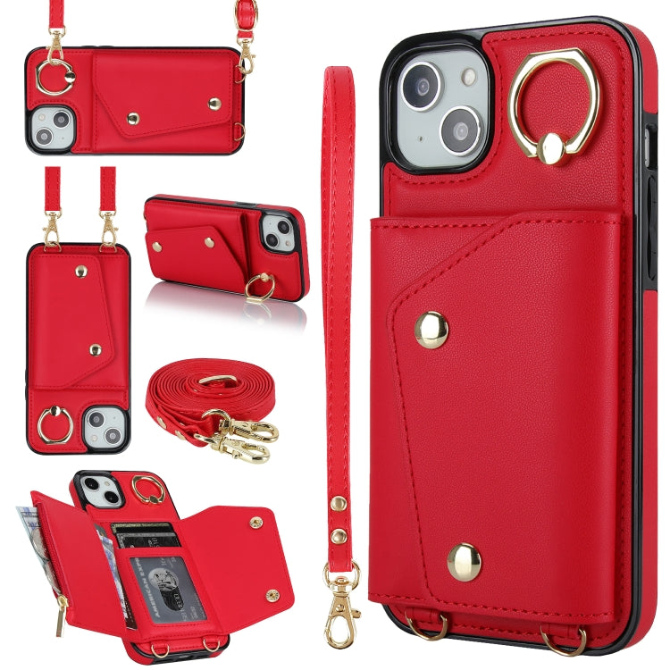 For iPhone 14 Zipper Card Bag Phone Case with Dual Lanyard(Red) - iPhone 14 Cases by buy2fix | Online Shopping UK | buy2fix
