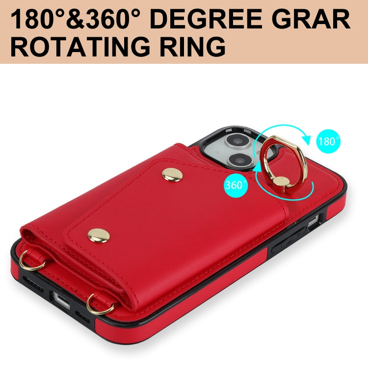 For iPhone 14 Zipper Card Bag Phone Case with Dual Lanyard(Red) - iPhone 14 Cases by buy2fix | Online Shopping UK | buy2fix