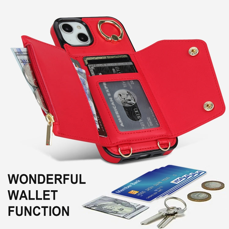 For iPhone 14 Zipper Card Bag Phone Case with Dual Lanyard(Red) - iPhone 14 Cases by buy2fix | Online Shopping UK | buy2fix