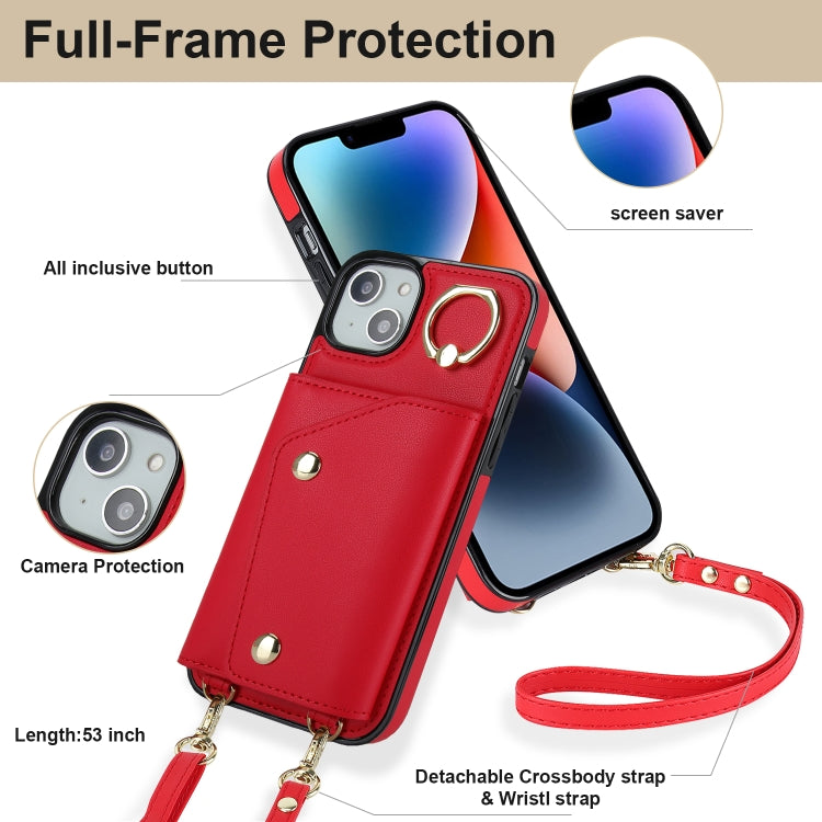 For iPhone 14 Zipper Card Bag Phone Case with Dual Lanyard(Red) - iPhone 14 Cases by buy2fix | Online Shopping UK | buy2fix