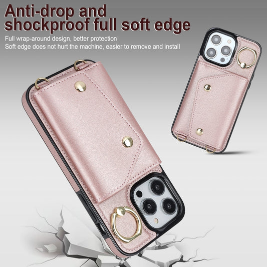 For iPhone 14 Pro Zipper Card Bag Phone Case with Dual Lanyard(Rose Gold) - iPhone 14 Pro Cases by buy2fix | Online Shopping UK | buy2fix