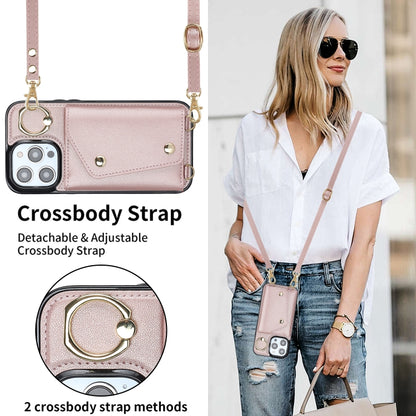 For iPhone 14 Pro Zipper Card Bag Phone Case with Dual Lanyard(Rose Gold) - iPhone 14 Pro Cases by buy2fix | Online Shopping UK | buy2fix