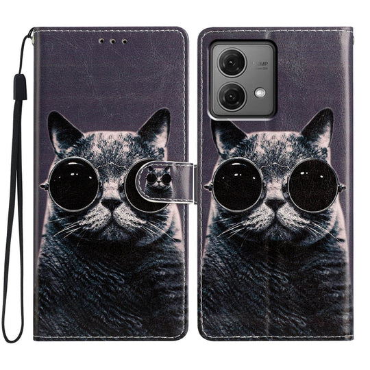 For Motorola Moto G84 5G Colored Drawing Leather Phone Case(Sunglasses Cat)