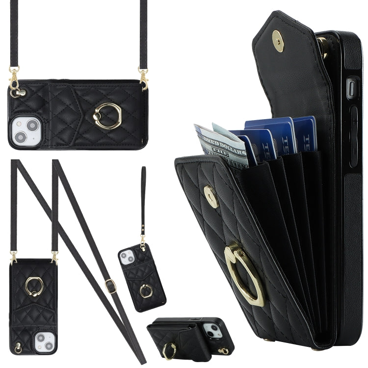 For iPhone 14 Rhombic Texture Card Bag Phone Case with Long Lanyard(Black) - iPhone 14 Cases by buy2fix | Online Shopping UK | buy2fix