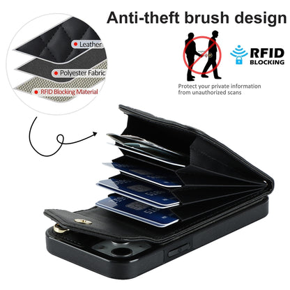 For iPhone 14 Rhombic Texture Card Bag Phone Case with Long Lanyard(Black) - iPhone 14 Cases by buy2fix | Online Shopping UK | buy2fix