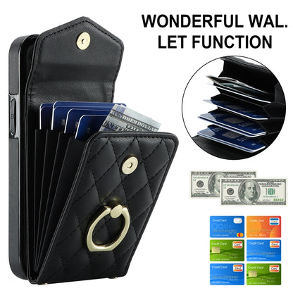 For iPhone 14 Rhombic Texture Card Bag Phone Case with Long Lanyard(Black) - iPhone 14 Cases by buy2fix | Online Shopping UK | buy2fix