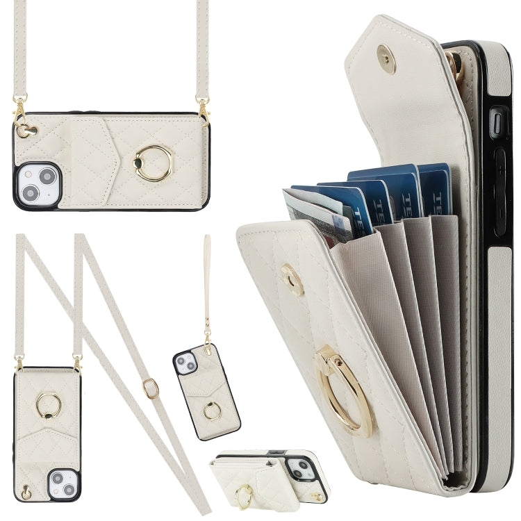 For iPhone 14 Rhombic Texture Card Bag Phone Case with Long Lanyard(White) - iPhone 14 Cases by buy2fix | Online Shopping UK | buy2fix