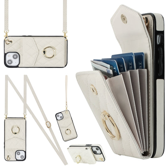 For iPhone 14 Rhombic Texture Card Bag Phone Case with Long Lanyard(White) - iPhone 14 Cases by buy2fix | Online Shopping UK | buy2fix