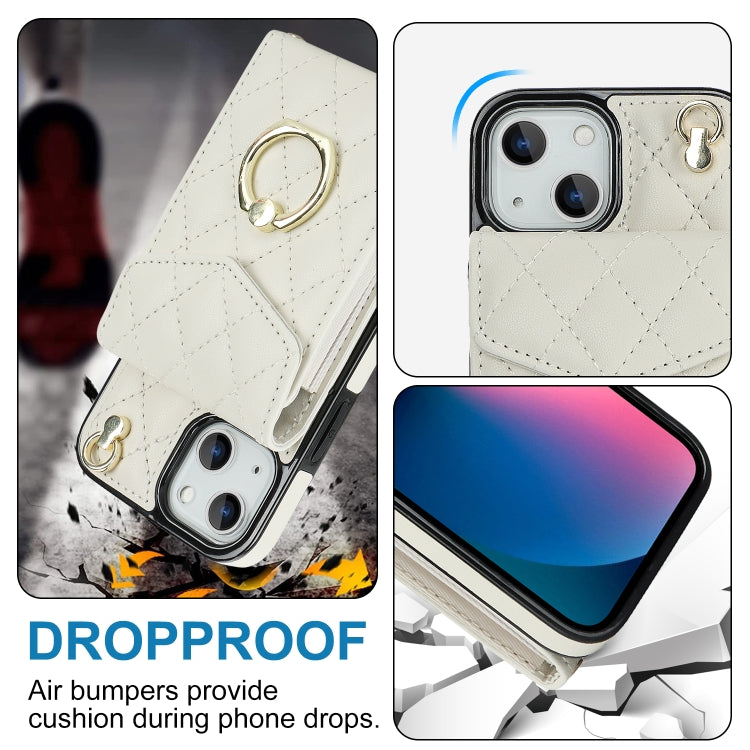 For iPhone 14 Rhombic Texture Card Bag Phone Case with Long Lanyard(White) - iPhone 14 Cases by buy2fix | Online Shopping UK | buy2fix
