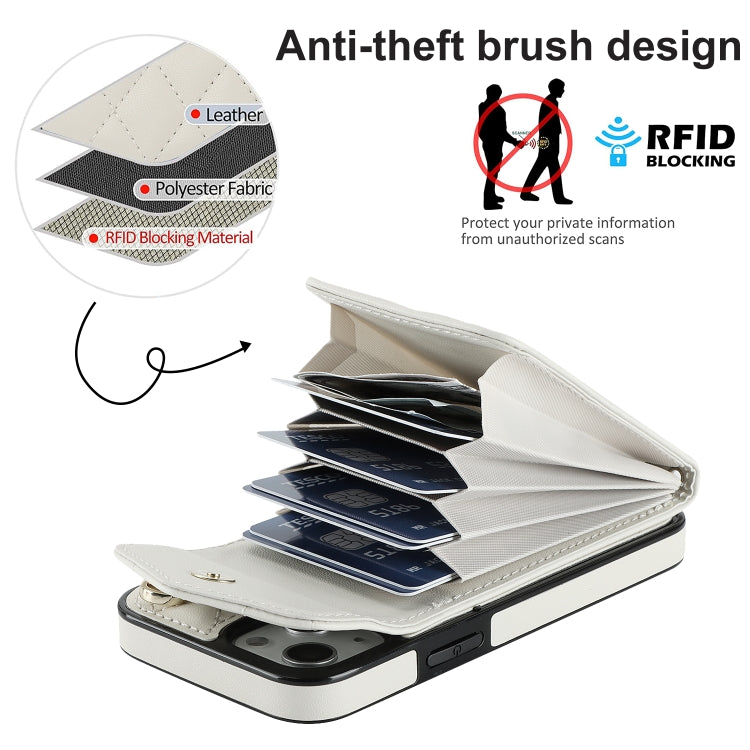 For iPhone 14 Rhombic Texture Card Bag Phone Case with Long Lanyard(White) - iPhone 14 Cases by buy2fix | Online Shopping UK | buy2fix