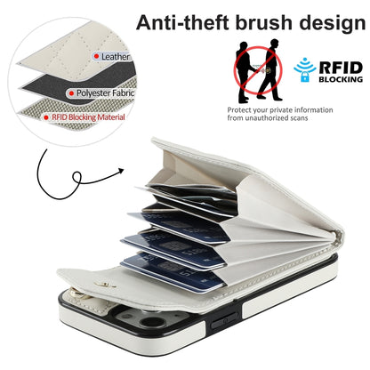 For iPhone 14 Rhombic Texture Card Bag Phone Case with Long Lanyard(White) - iPhone 14 Cases by buy2fix | Online Shopping UK | buy2fix