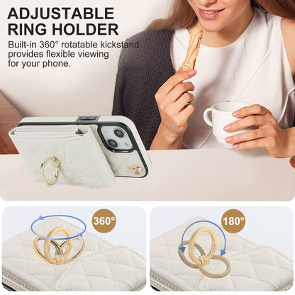 For iPhone 14 Rhombic Texture Card Bag Phone Case with Long Lanyard(White) - iPhone 14 Cases by buy2fix | Online Shopping UK | buy2fix