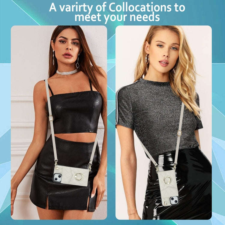 For iPhone 14 Rhombic Texture Card Bag Phone Case with Long Lanyard(White) - iPhone 14 Cases by buy2fix | Online Shopping UK | buy2fix