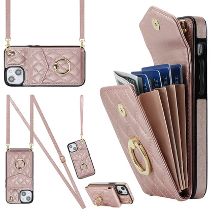 For iPhone 14 Rhombic Texture Card Bag Phone Case with Long Lanyard(Rose Gold) - iPhone 14 Cases by buy2fix | Online Shopping UK | buy2fix
